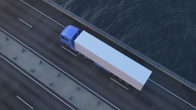 Generic electric semi truck with cargo trailer driving along a bridge or coastal highway into the sunset with wind turbines in background. Green energy concept. Realistic 3d rendering animation.