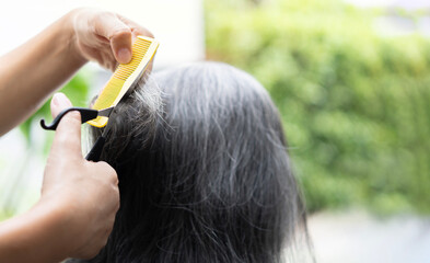 Rear view of a senior Asian woman at the home and hands of  female working as a hairdresser and cutting hair tips.