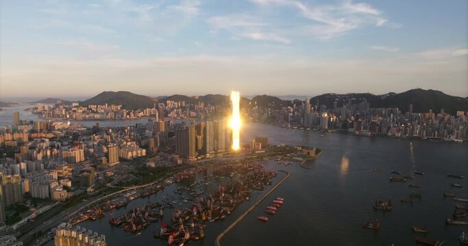 Hong Kong Skyline, Beautiful Cinematic Aerial Wide Angle Shot, Golden Hour
