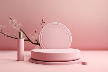 Enhance your beauty brand's image with this elegant stock photo, featuring a pink podium on a clean cosmetic background for showcasing your cosmetic items.