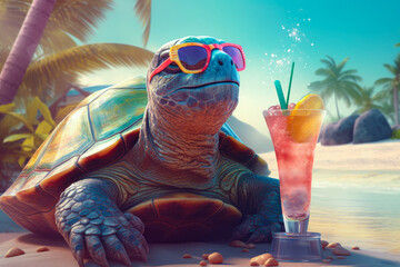 Illustration of happy turtle in sunglasses with cocktail on the beach. Summer vacation. Generativ AI