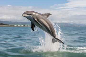 action shot of dolphin jumping out of the water, created with generative ai