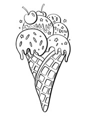 contour line illustration sketch cartoon style food ice cream balls in waffle cone with berries design element for coloring book cover print stickers and media logo icon