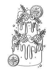 contour line illustration sketch cartoon style food cake with berries and chocolate confectioner design element for coloring book cover print stickers and media logo icon