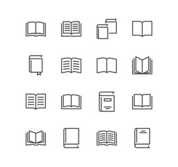 Set of book related icons, organizer, learning, reader, diary, library, textbook, pages, education and linear variety symbols.