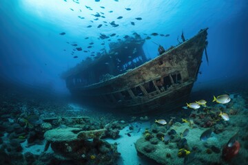 Fototapeta premium sunken shipwreck, with schools of fish swimming among the wreckage, created with generative ai