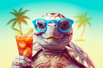 Illustration of happy turtle in sunglasses with cocktail on the beach. Summer vacation. Generativ AI