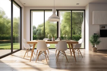 Obraz premium clutter-free dining room, with simple table and chairs, and view of garden or park, created with generative ai