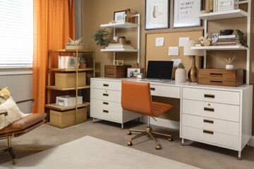 Fototapeta premium well-organized home office with file cabinet, desk, and lounge chair, created with generative ai