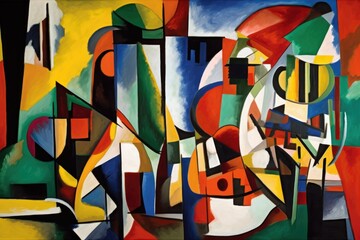 cubist painting, with bold blocks of color and distorted lines, created with generative ai