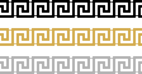 Nahtloses Meander oder Maze muster Vektor in schwarz, Gold und Silber. Isolierter Hintergrund.