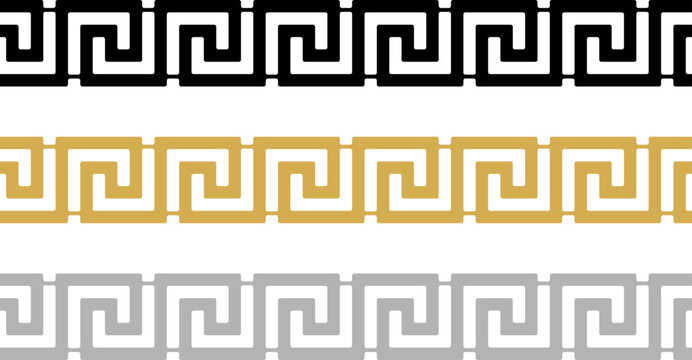 Nahtloses Meander oder Maze muster Vektor in schwarz, Gold und Silber. Isolierter Hintergrund.