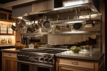 custom-built cooking station featuring glass cooktop, stainless steel hood and hanging pots and pans, created with generative ai