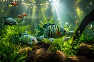 Obraz na płótnie Canvas tropical fish swimming in school, surrounded by lush vegetation, created with generative ai