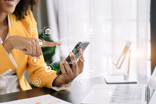 Digital transformation technology strategy, woman using laptop, tablet and smartphone with of things. transformation of ideas and the adoption.