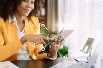 Digital transformation technology strategy, woman using laptop, tablet and smartphone with of...