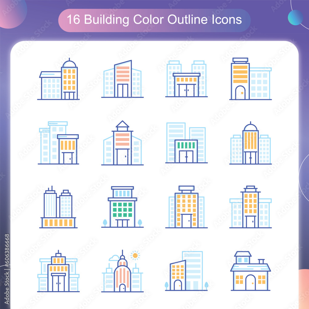 Poster building vector outline icon set 01