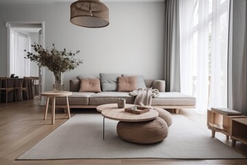 minimalist living room with comfortable sofa and stylish accessories, created with generative ai