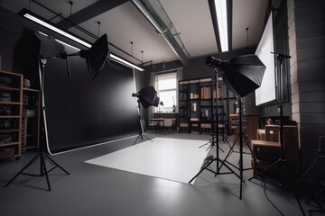 Fototapeta na wymiar illustration, interior of a photographic studio with professional light, generative ai