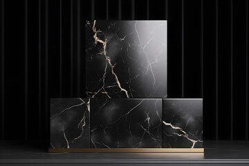 dark cuboid podium backdrop for product promotion with marble texture and metallic colors on black background, Generative AI
