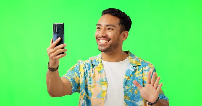 Man, video call and shock by green screen in studio with mock up space for holiday promotion. Guy, fashion and smartphone for webinar with excited face, wow and notification for mock up by backdrop