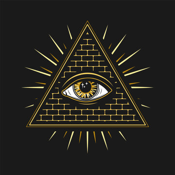 Composition with all seeing eye, eye of providence. Illuminati symbol in pyramid, triangle with light rays. Golden design in retro, vintage style.