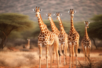 A group of giraffes stands in a field, banner .ai