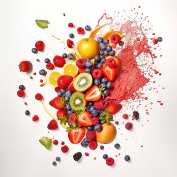 ripe berries and fruits on juice splash background - Ai

