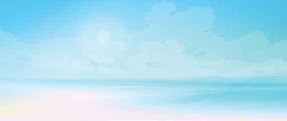 Sunny day. Sea view vector panorama. Pastel blue light background. 