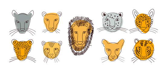 Big cats faces isolated collection, abstract shapes. Lion, tiger, leopard, jaguar, panther, cougar, cheetah. Hand drawn vector illustration. Line art style design. Animal characters, wildlife clipart