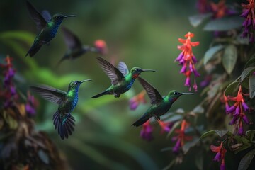 illustration, birds flying around beautiful violets, ai generative
