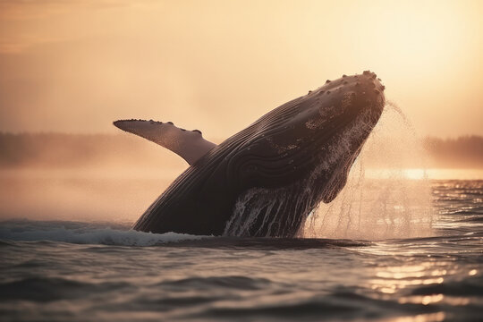 Experience the wonder of nature with a breathtaking image of a humpback whale breaching in the Pacific Ocean. Is AI Generative.