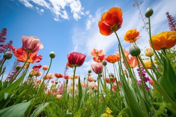 Fototapeta premium closeup of tulips growing in a garden against a blue sky background, created with generative ai