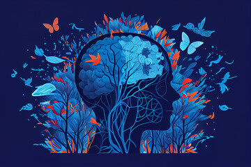 illustration of human brain with flowers world day of mental and physical health. AI