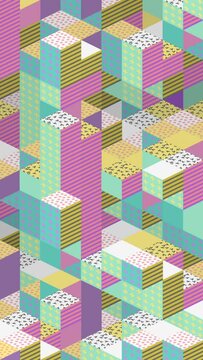 Retro cubes loop. Memphis Design style, 80's - 90's. Isometric geometric mosaic pattern of colorful 3D blocks. Vertical video.