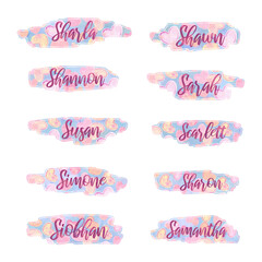 baby girl names that start with letter S, stickers, USA, labels with heart pattern background, isolated, extracted, png file