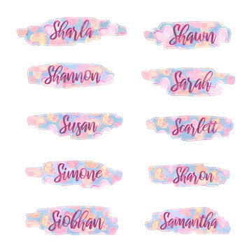 baby girl names that start with letter S, stickers, USA, labels with heart pattern background, isolated, extracted, png file
