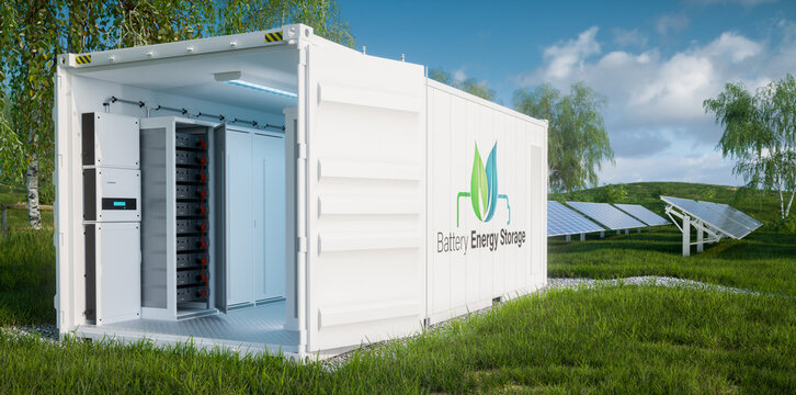 Close up view of the battery modules for energy storage inside open industrial container on a lush lawn with a photovoltaic power plant in the background. 3d rendering.