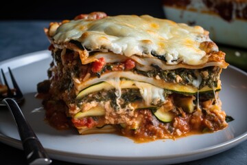 veggie lasagna, layered with zucchini noodles, cheese and sauce, created with generative ai