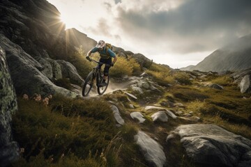 mountain biker riding down steep, rocky trail, created with generative ai