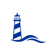 Logo Nautical. Icono de torre marítima en puerto. Faro de luz con olas de mar - obrazy, fototapety, plakaty