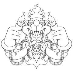coloring illustration of cartoon evil laughing behind fire