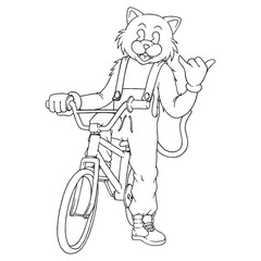 Fototapeta na wymiar coloring illustration of cartoon teen cat ride a bicycle