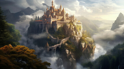 A majestic castle atop a mountain peak, surrounded by swirling mist and lush greenery Generative AI