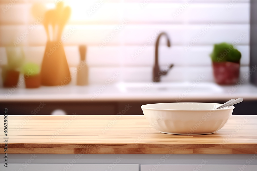 Poster creative mock concept. empty wooden table top with kitchen sink tap basin blurred background. templa