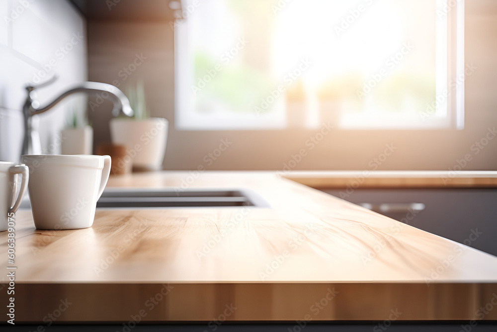 Poster creative mock concept. empty wooden table top with kitchen sink tap basin blurred background. templa