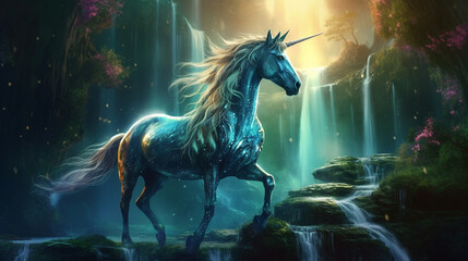 Obraz na płótnie Canvas A mystical unicorn with a flowing mane, drinking from a sparkling waterfall Generative AI