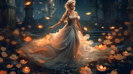 A beautiful princess wearing a gown made of flowing petals, standing in a moonlit garden Generative AI