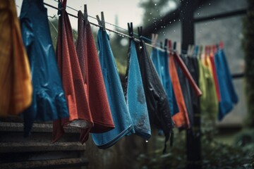 rainy day with clothes on the line, droplets of water dripping from them, created with generative ai