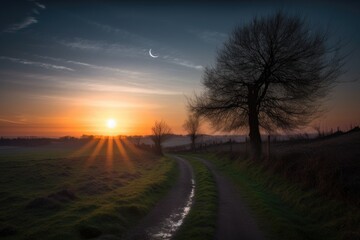 rural sunset, with the sun being replaced by the moon and stars, created with generative ai